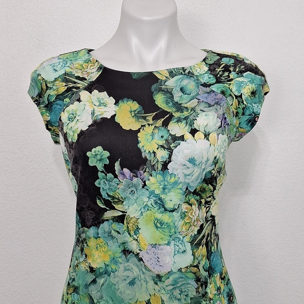 Beige by ECI Black Teal Tropical Multicolor Floral Maximalism Sheath Dress Sz. 4 - Picture 3 of 13